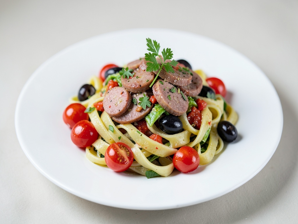Nudelsalat mit Wurst, Kirschtomaten und Oliven