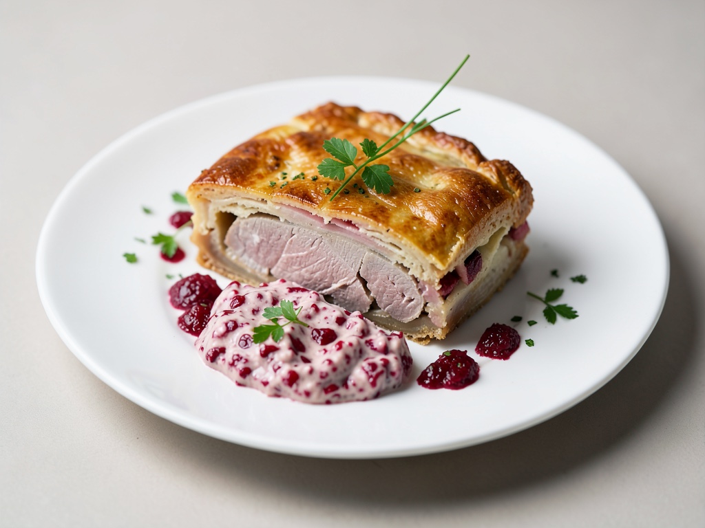 Pâté de veau avec trempette à la crème de raifort et airelles