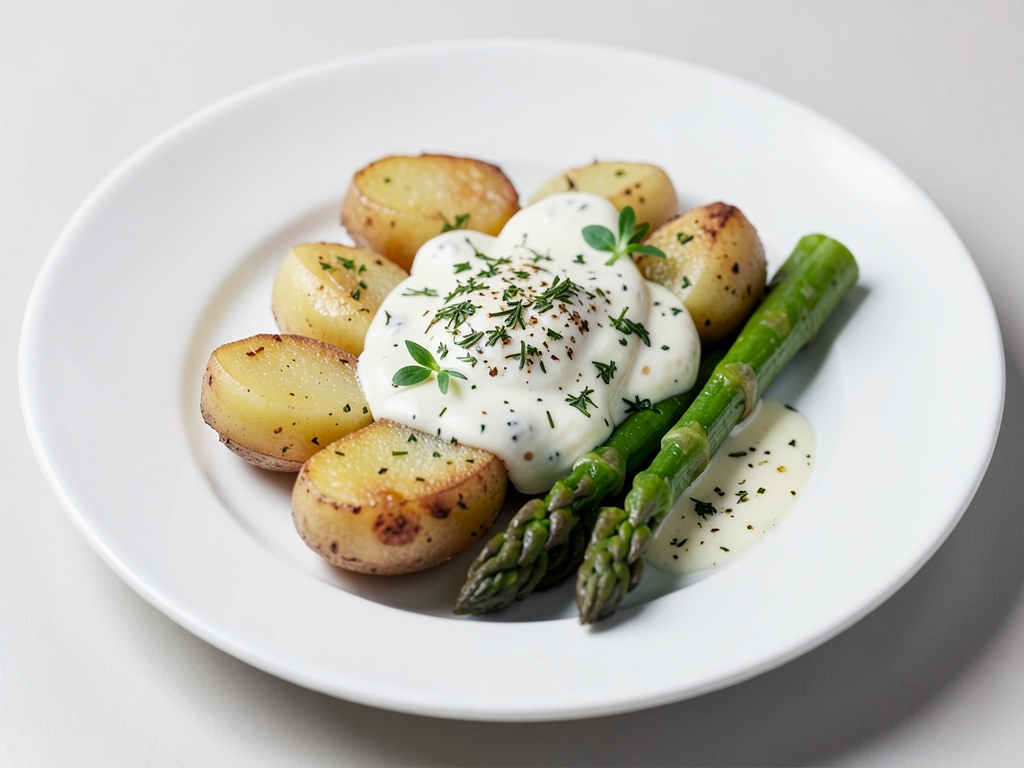 Patate con sabayon alle erbe e asparagi bianchi e verdi