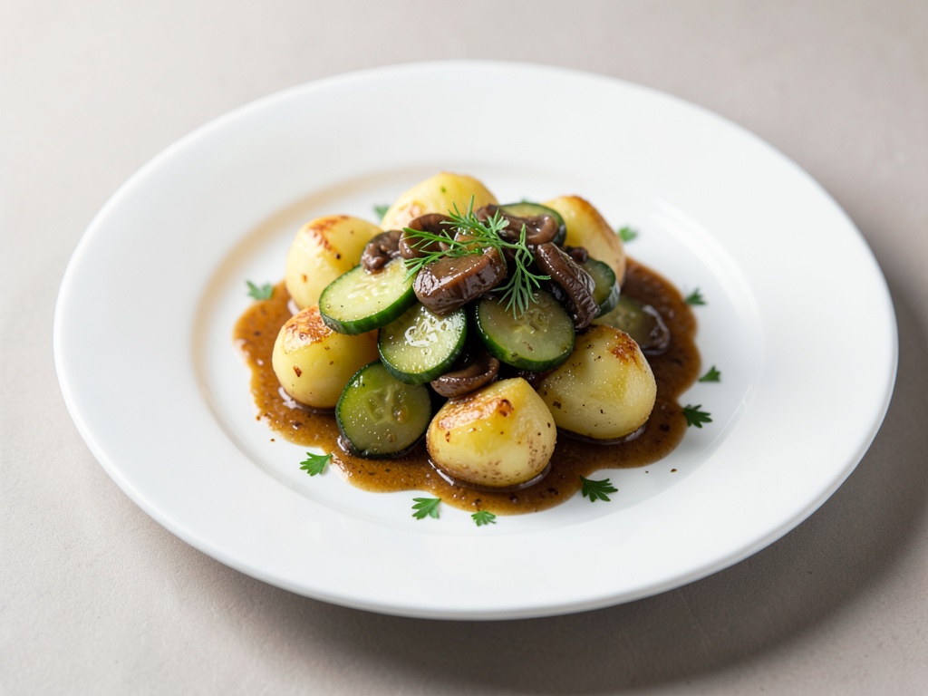 Patate con cetrioli stufati e chanterelles