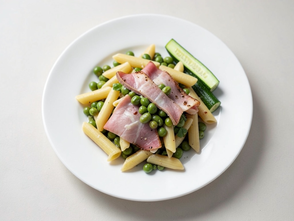 Penne con piselli, zucchine e feta