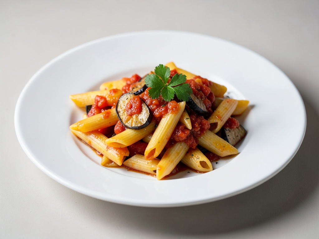 Penne con salsa di pomodori e melanzane
