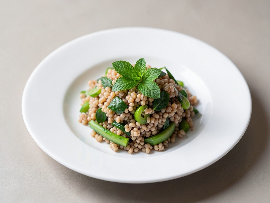 Salade rafraîchissante à l'orge perlé à la menthe et aux légumes verts