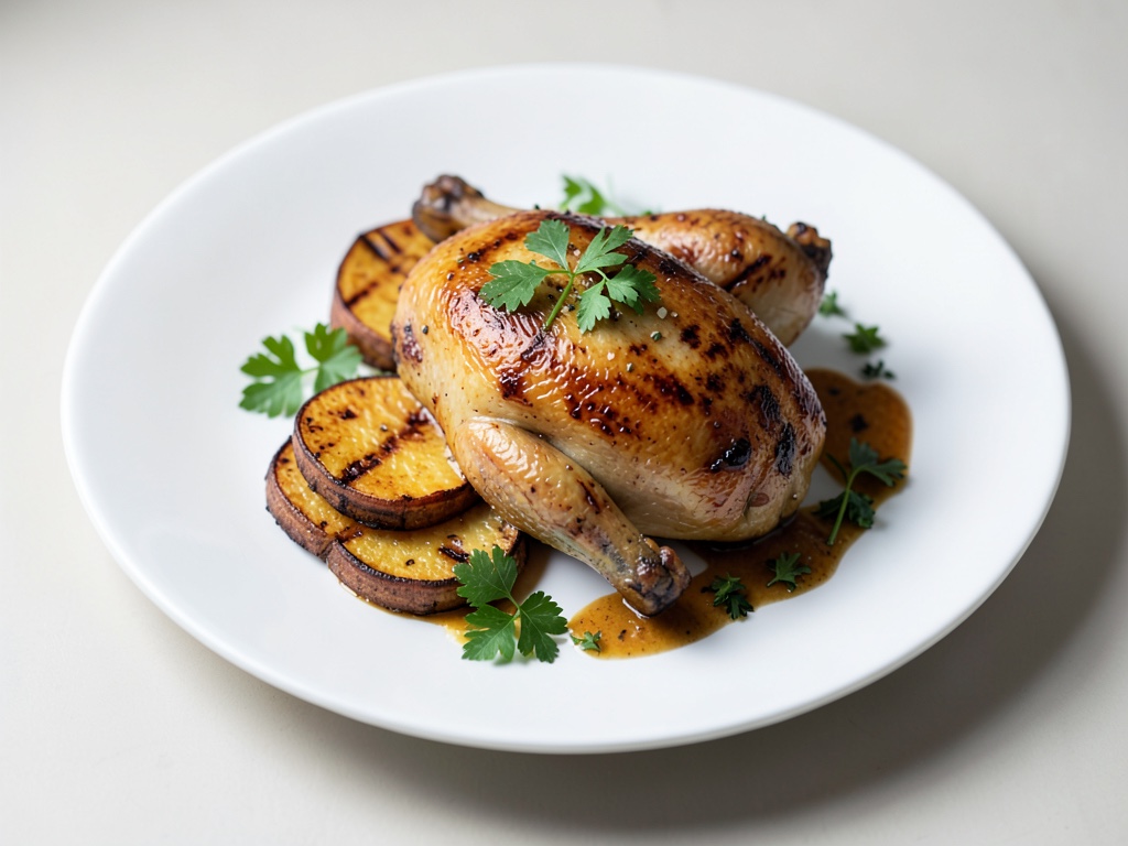 Fette di patata dolce alla griglia con pernice al forno