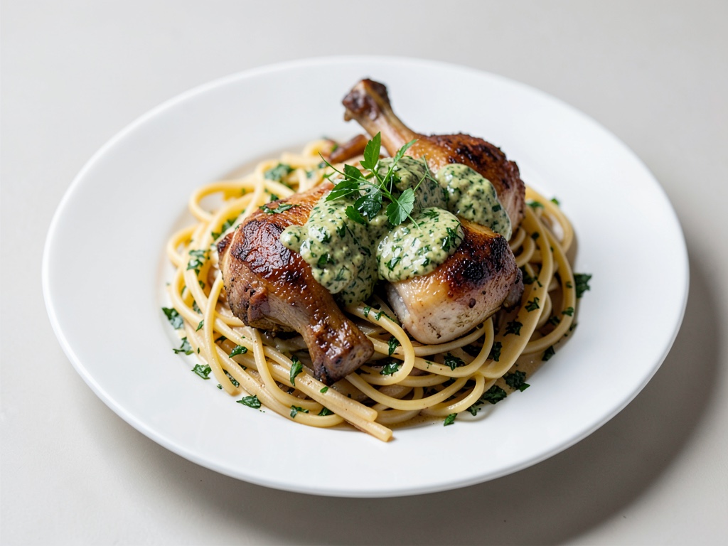 Perlhuhn-Keulen mit Nudeln und frischer Kräutersauce