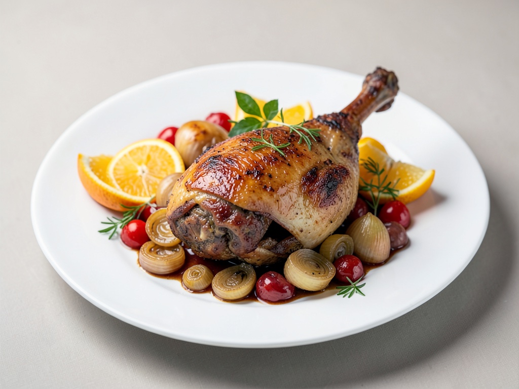 Cosce di pernice tenere con cipolle stufate e arance