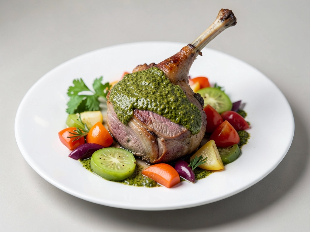 Coscia d'agnello con aroma di pesto arrostito e verdure colorate