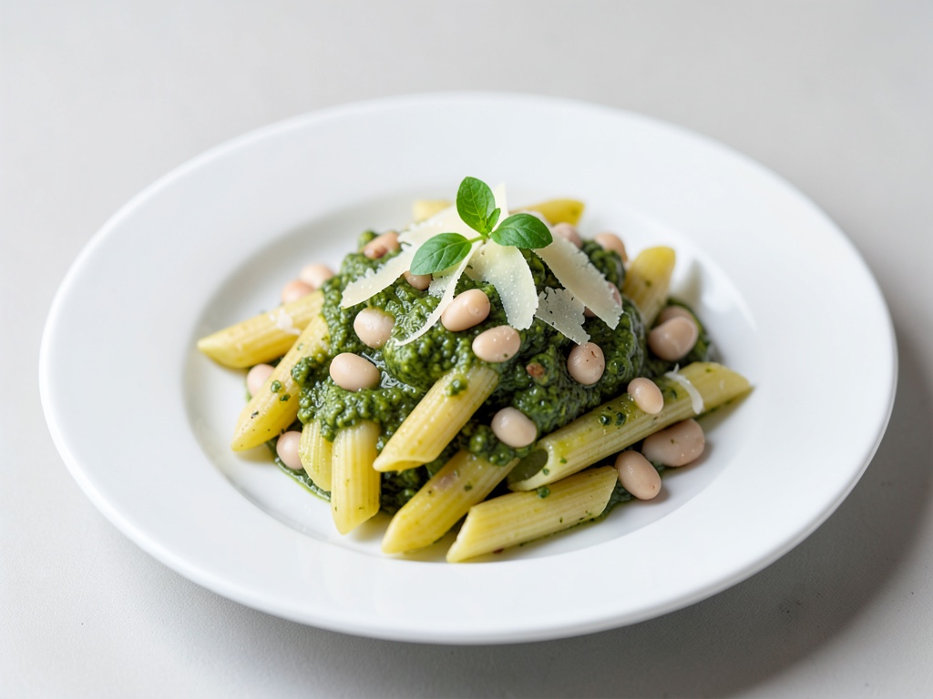 Penne con pesto, fagioli bianchi, limone e parmigiano
