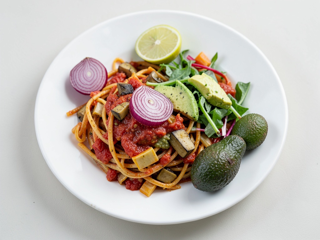 Pasta in padella con insalata fresca di cipolla e avocado