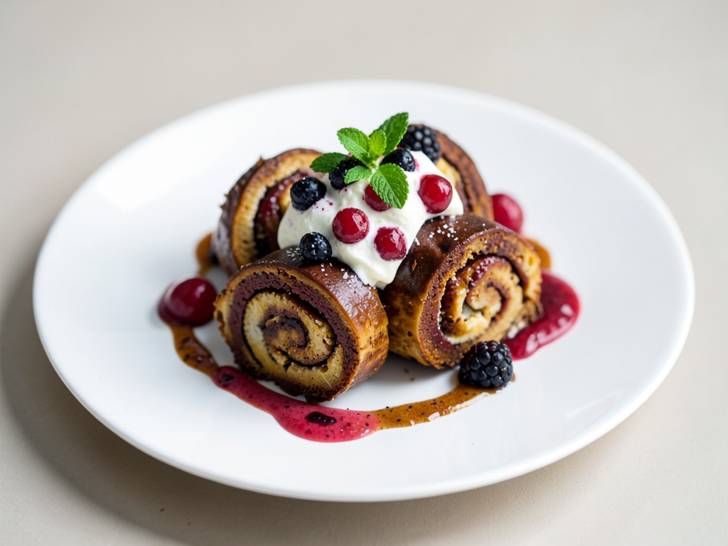 Schokoladen-Pfannkuchen-Rollen mit Beerencreme