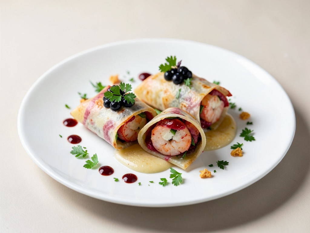 Rouleaux de crevettes au caviar dans des galettes fines