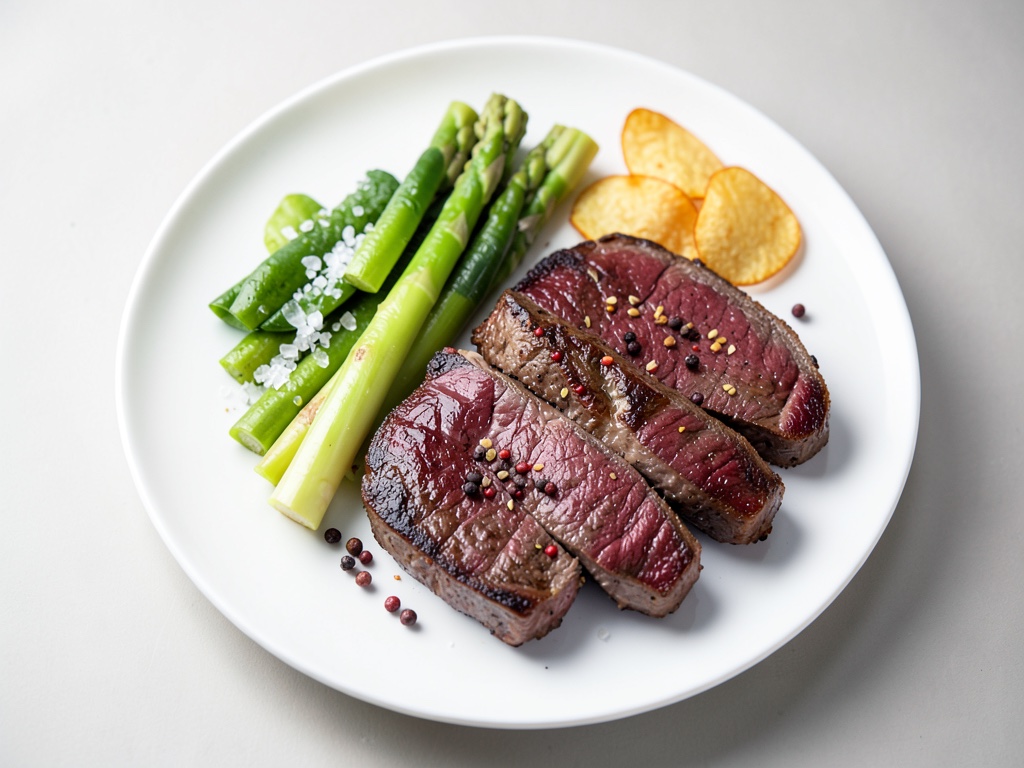 Bistec di pepe succulenti con asparagi verdi e patatine fritte croccanti