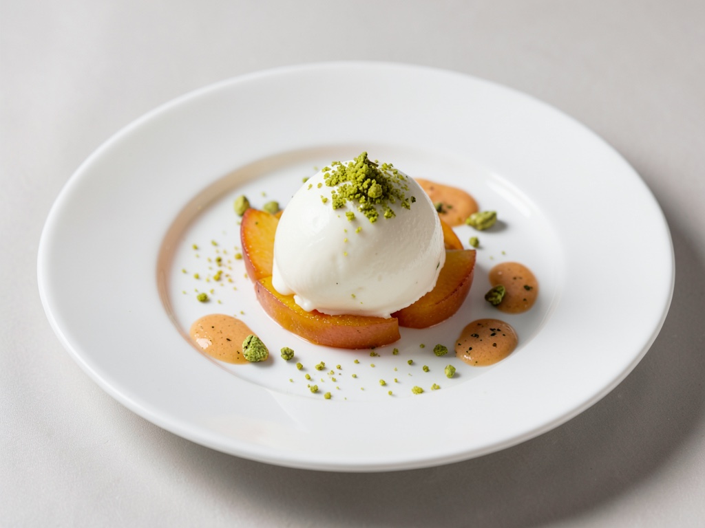Delizia alla pesca con gelato al pistacchio
