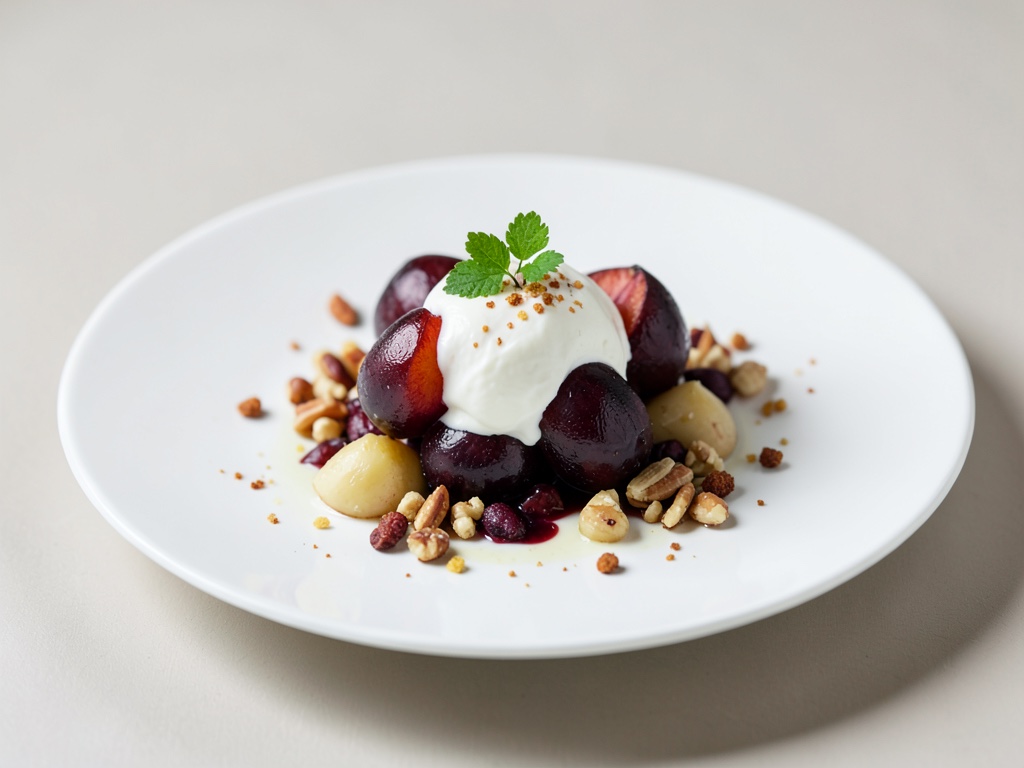 Zarte Pflaumen mit Joghurt und Nüssen