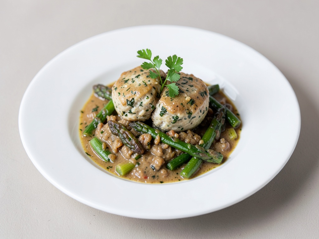 Polpette di quark alle erbe speziate con ragù di asparagi