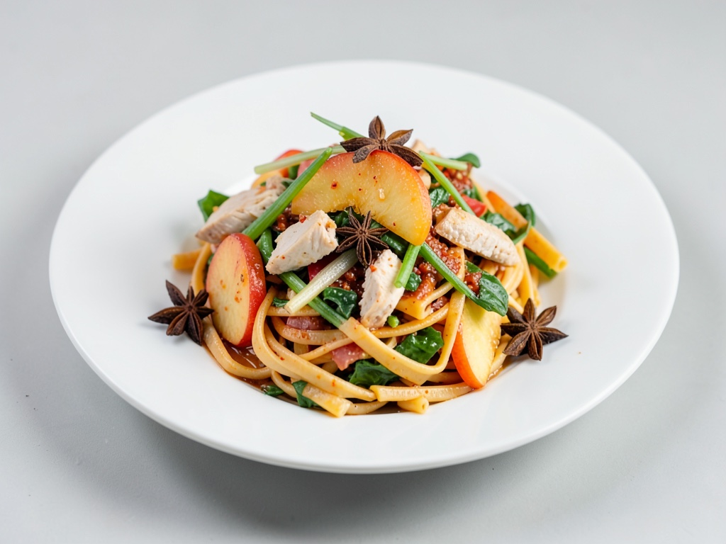 Würziger Nudelsalat mit Huhn, Pfirsich, Zitronengras und Sternanis