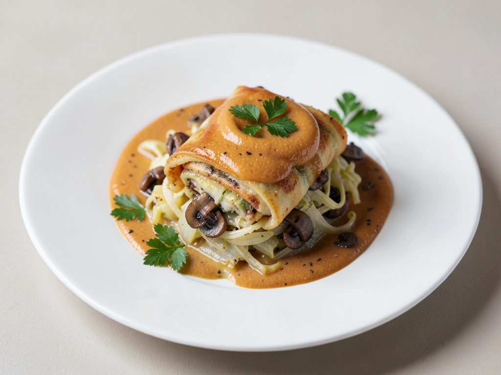 Sfizioso strudel di verza e porcini con salsa di zucca e rafano