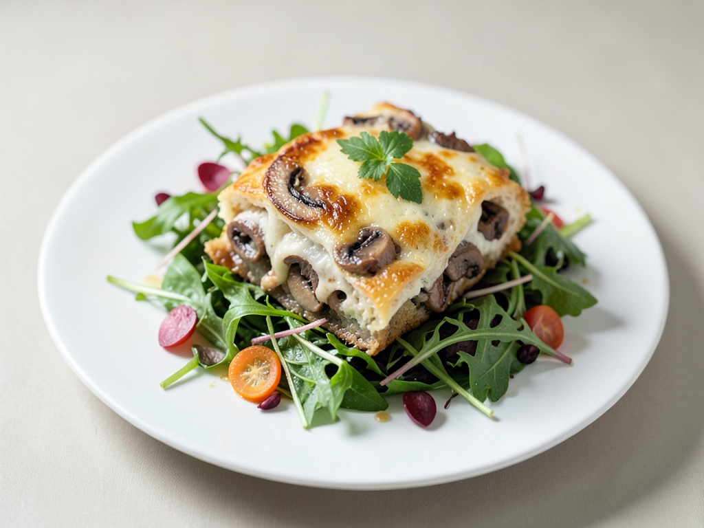 Gratin de champignons sur salade de germes