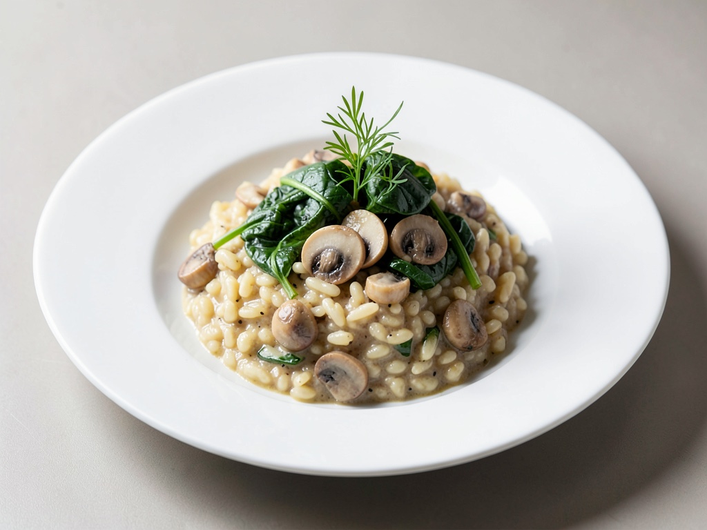 Risotto cremoso ai funghi con spinaci acquatici