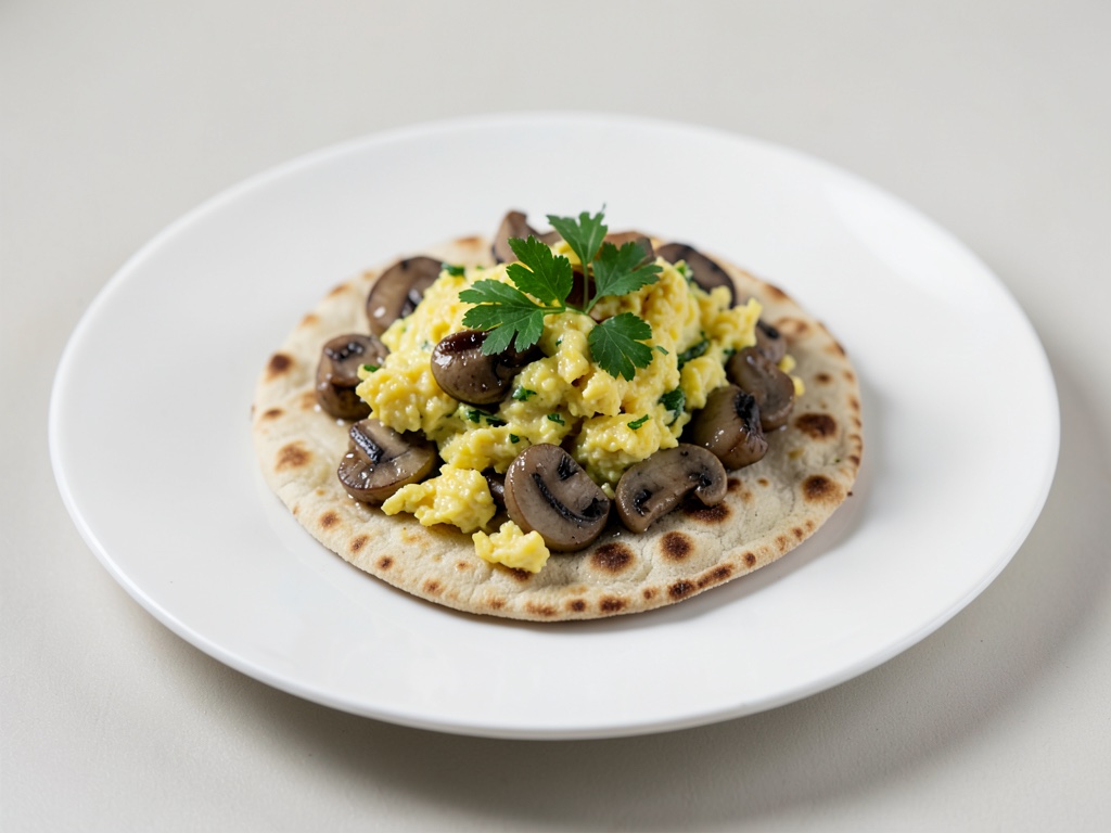 Huevos revueltos de champiñones sobre pan pita
