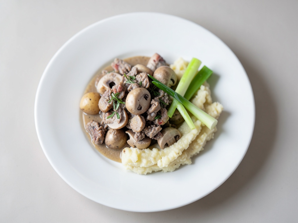 Purée de pommes de terre crémeux avec ragoût de champignons et poireaux