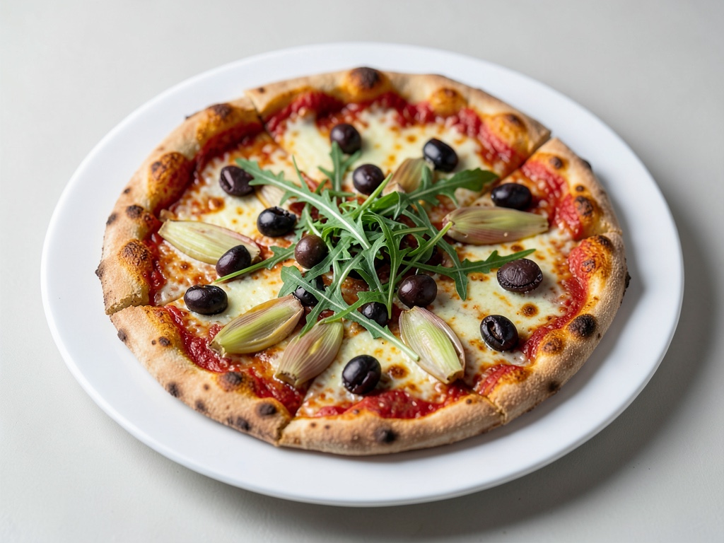 Pizza piccante con chorizo, carciofi, olive e rucola