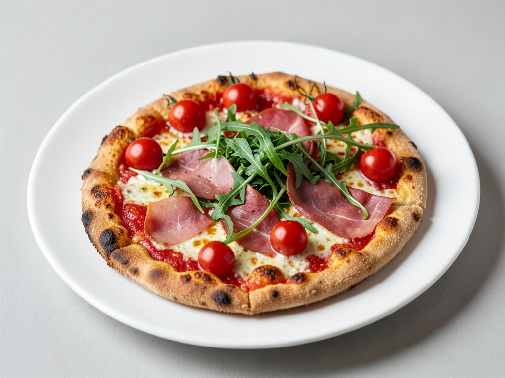 Pizza croccante con pomodorini, prosciutto di Parma e rucola