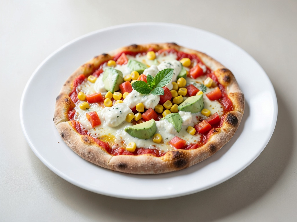 Pizza con mais, peperoni e crema di avocado