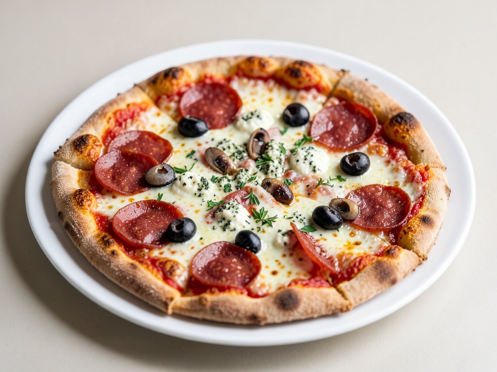 Pizza con salame, gorgonzola, acciughe e olive