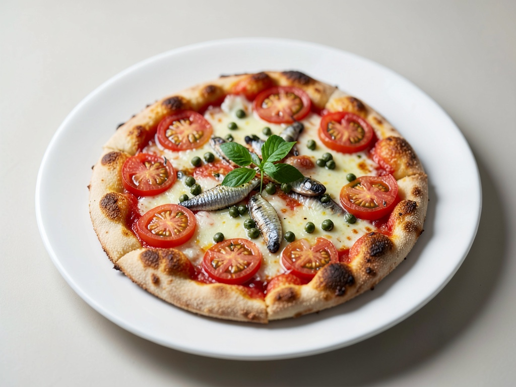 Pizza croccante con pomodori al forno, sardine e capperi