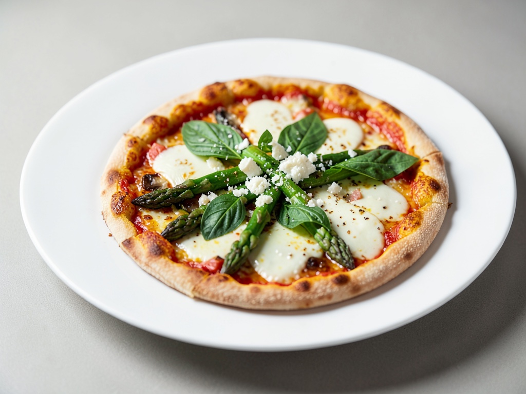 Pizza alle verdure con asparagi, aglio orsino, spinaci e formaggio fresco