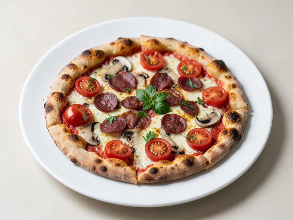 Pizza con pomodori, chorizo e funghi