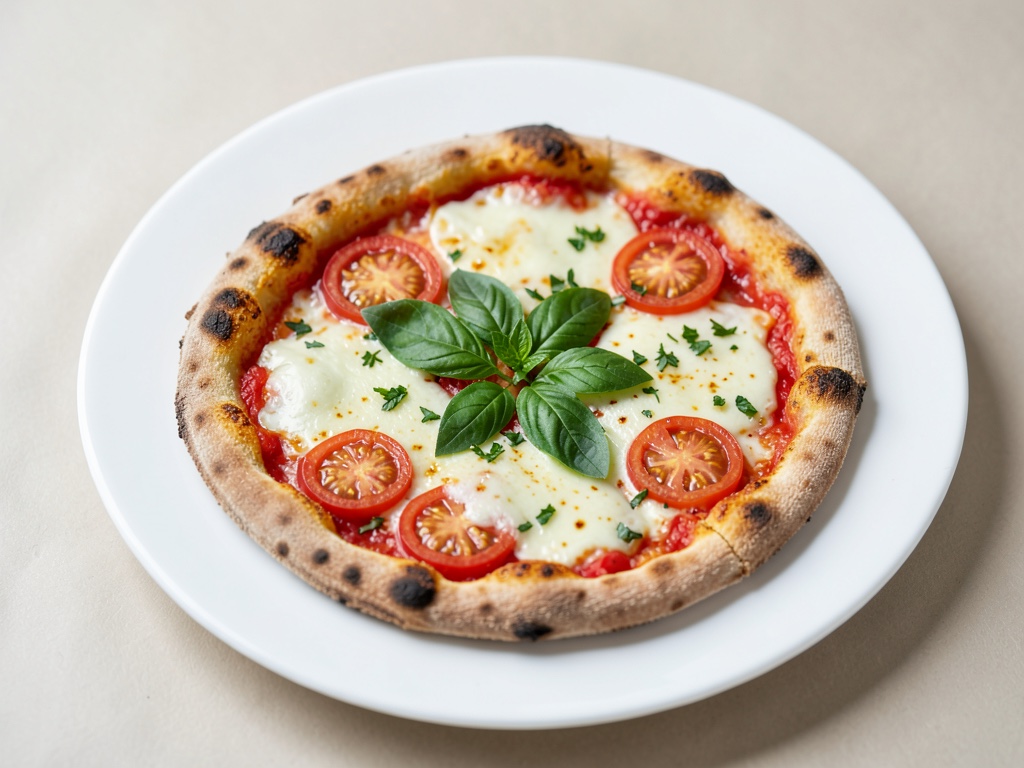 Pizza classica con pomodoro, formaggio e basilico fresco