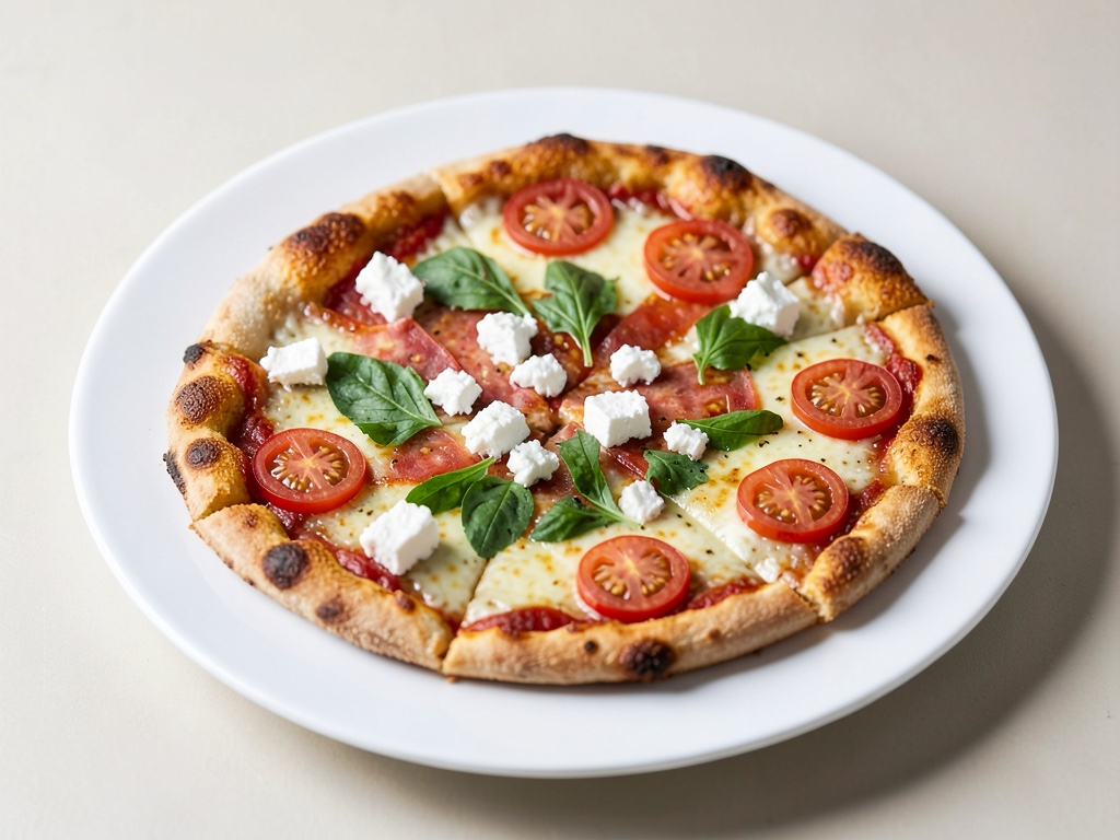 Pizza croccante con formaggio di pecora e pomodori freschi