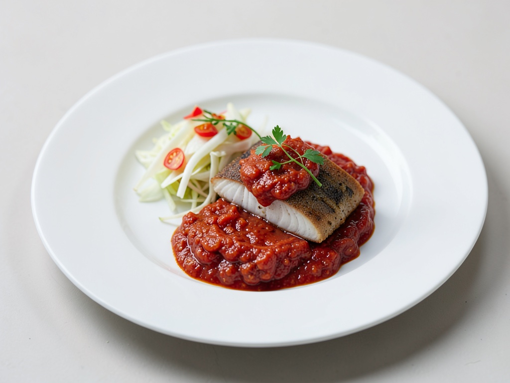 Merluzzo tenero con salsa di pomodoro piccante e cavolo cinese