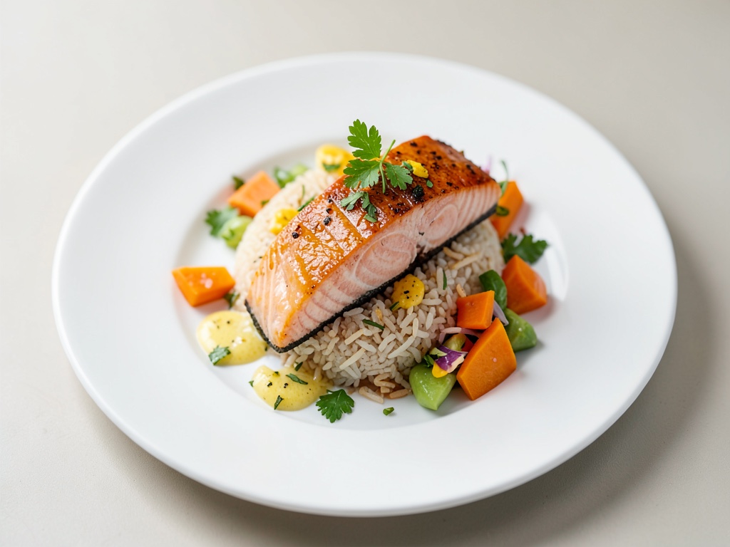 Salmone tenero su riso con insalata di papaya fruttata