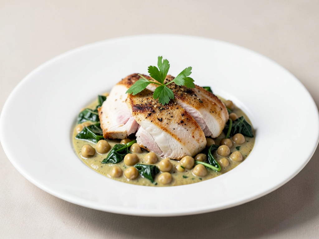 Filetto di pollo tenero con curry cremoso di ceci e spinaci