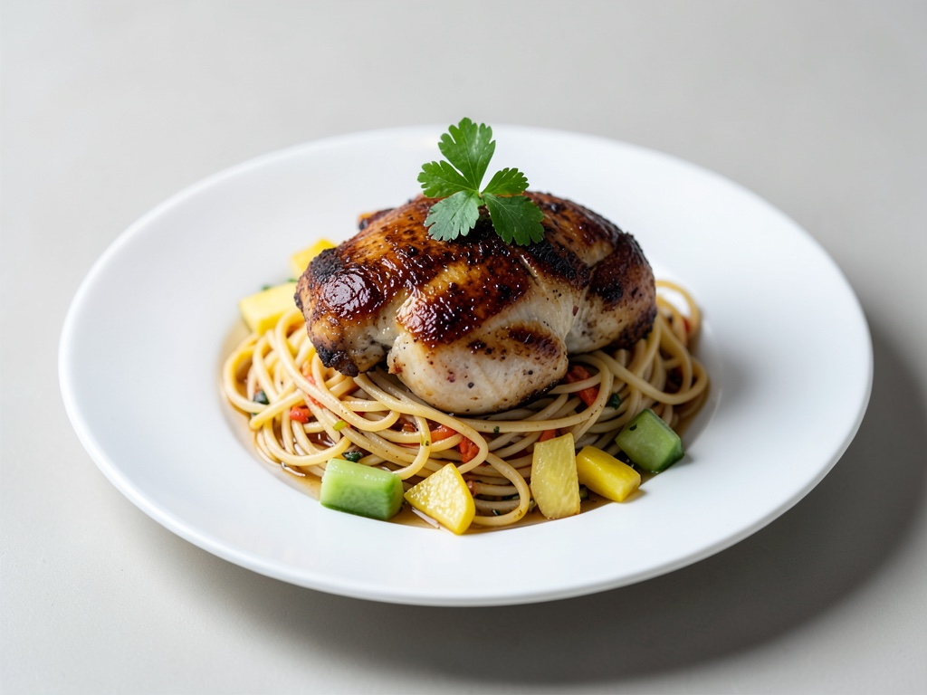 Pollo tenero con noodles di riso e ananas