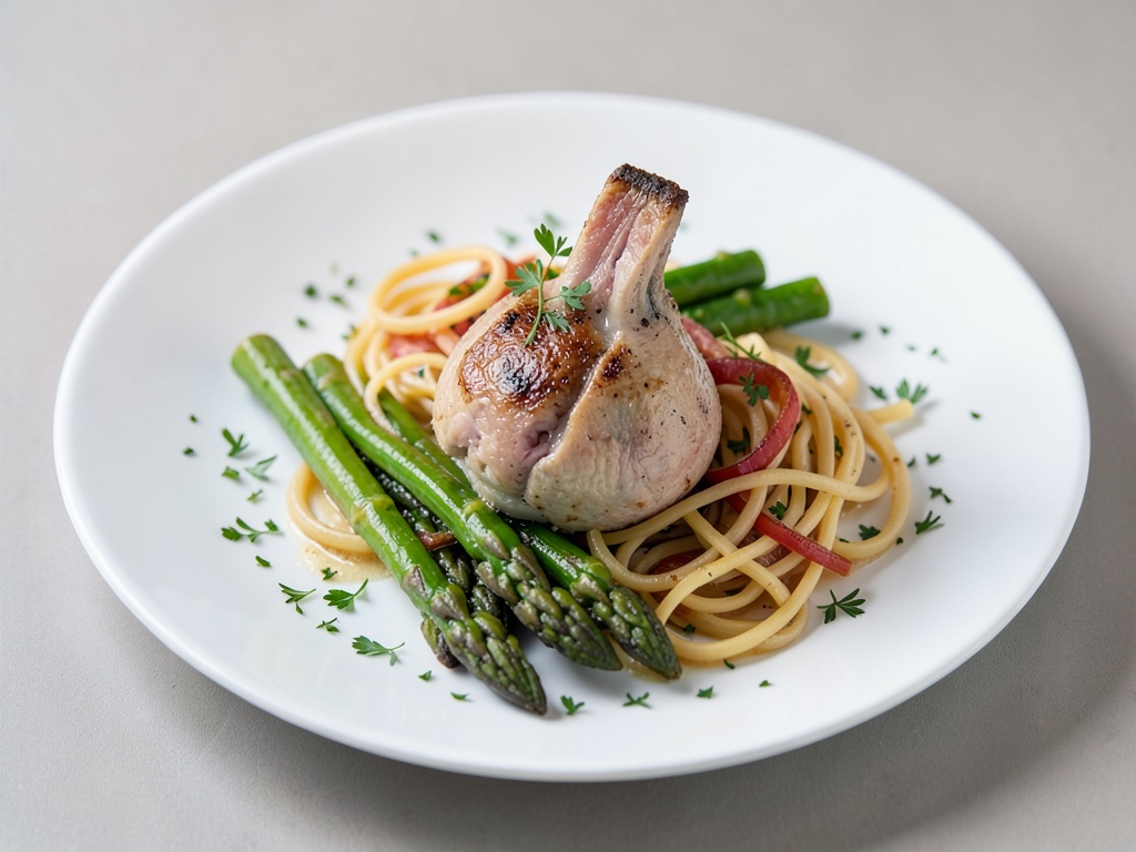 Filetto di coniglio tenero con asparagi e pasta