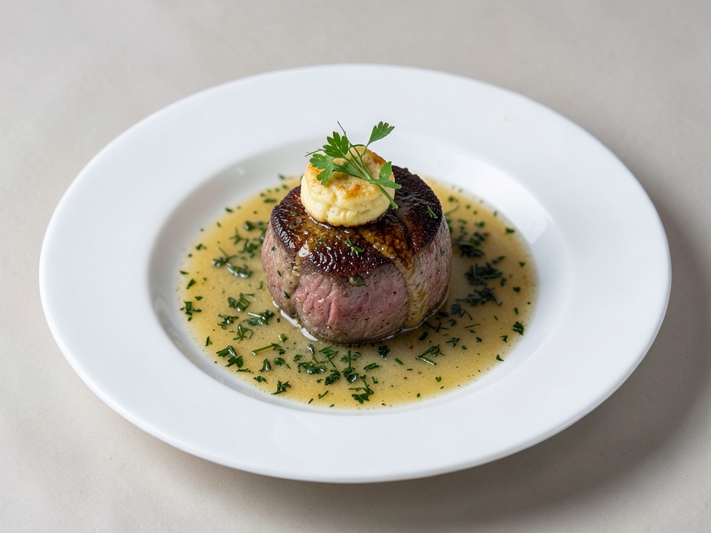 Tenero filetto di manzo in bagno alle erbe con soufflé al forno