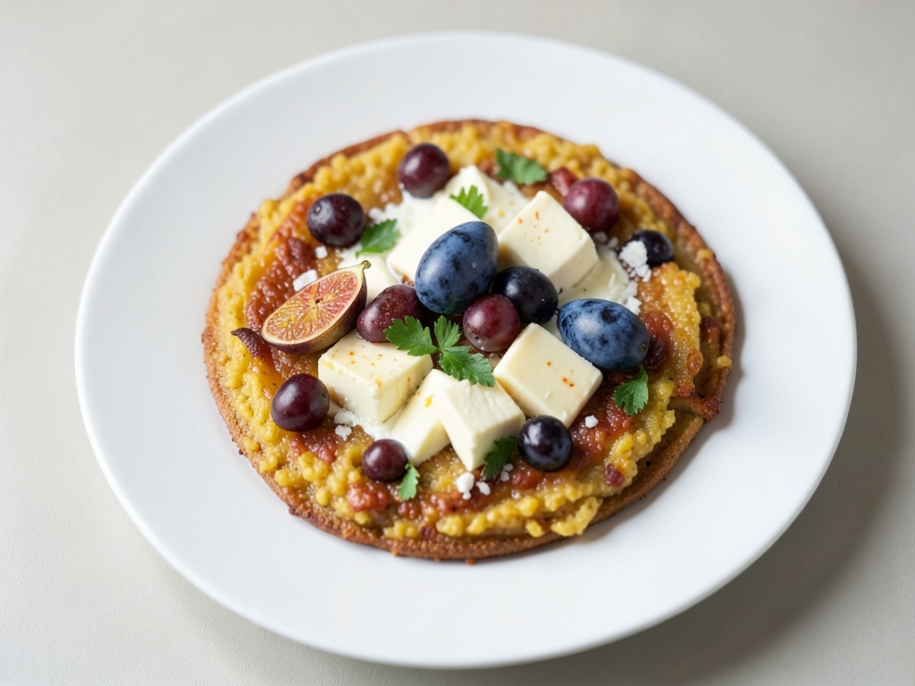 Pizza di polenta con formaggio di capra, fichi e uva