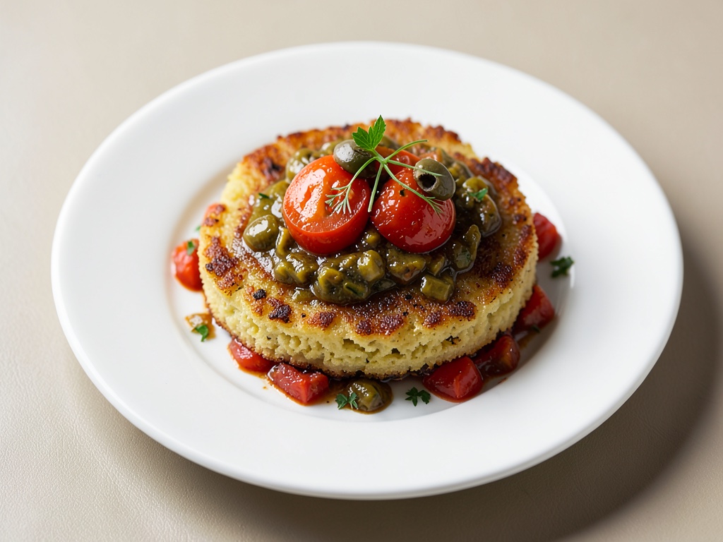 Fette fritte di polenta croccanti con condimento a base di pomodori e olio