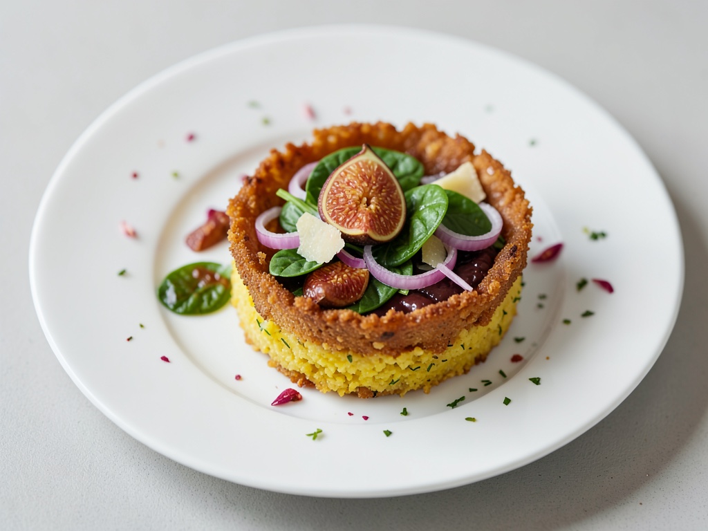 Torta croccante di polenta con cipolle rosse, spinaci, fichi e Grana Padano