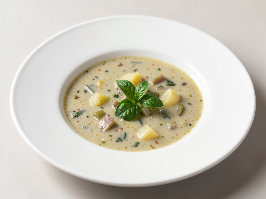 Sopa cremosa de puerro y patata con albahaca