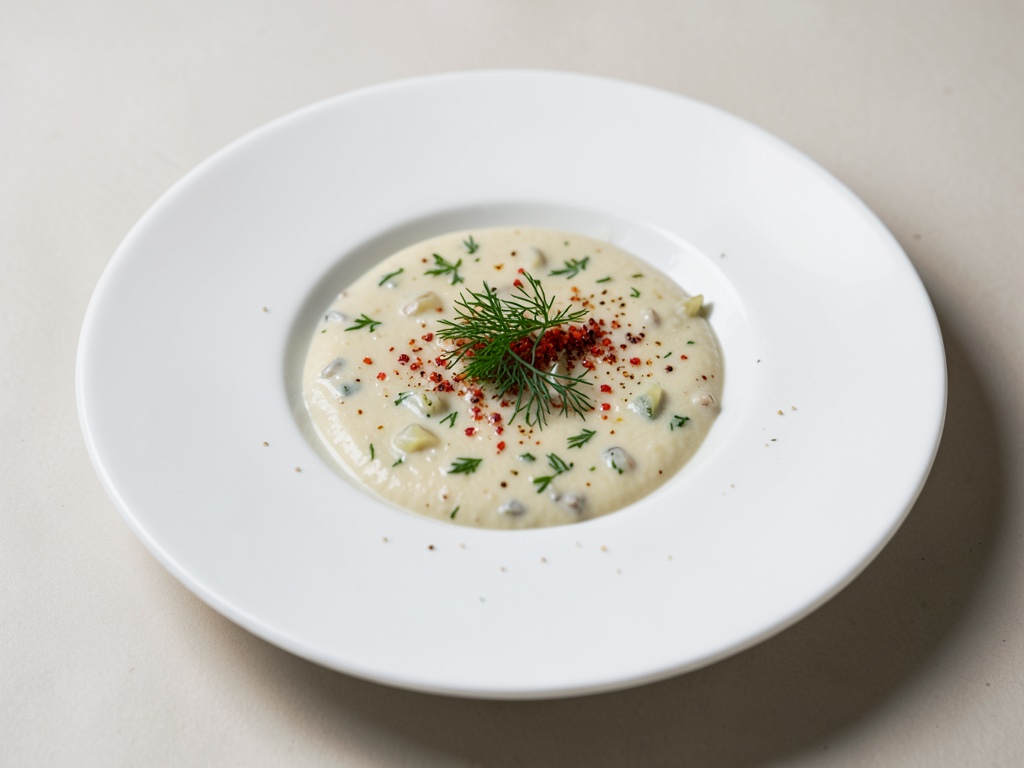 Zuppa cremosa di porri con aneto e peperone