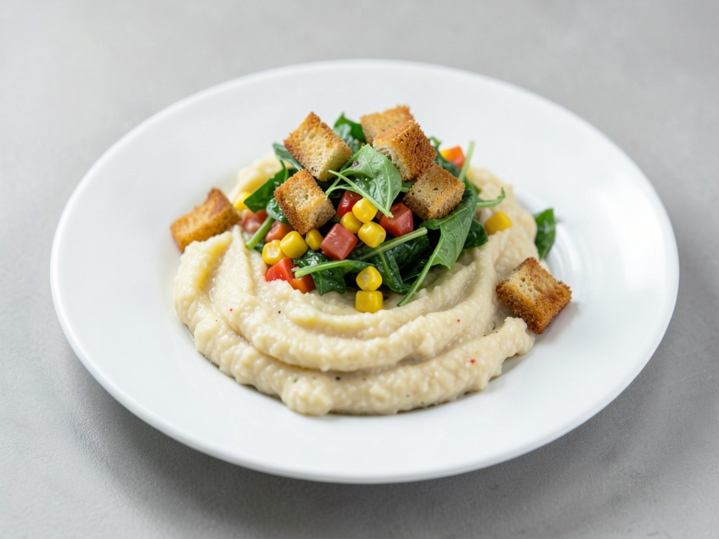 Purè di patate cremoso con valeriana e crostini croccanti