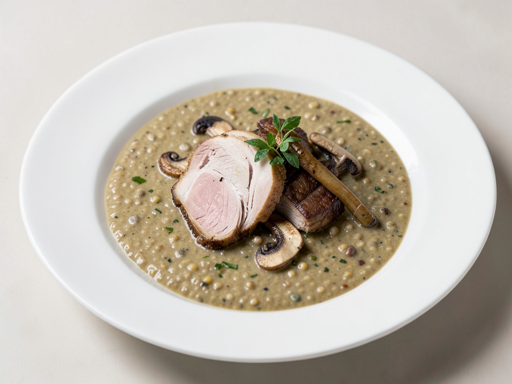 Crèmeuse soupe aux lentilles avec poitrine de canard et cèpes