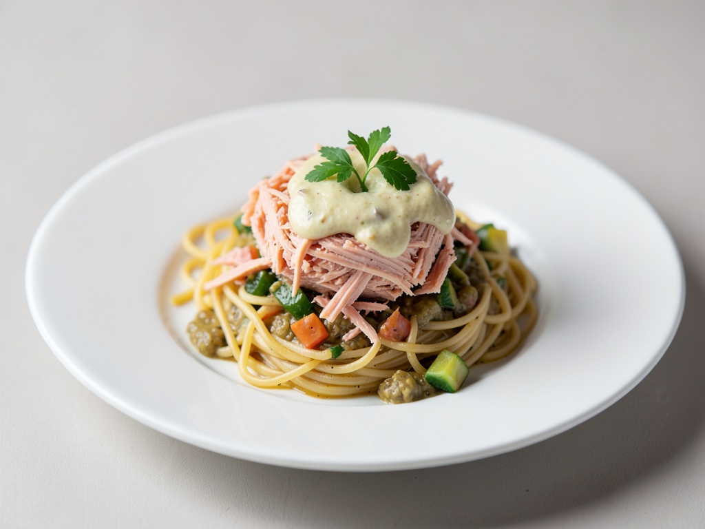Zerfasertem Lachs auf asiatischen Nudeln mit Kokos-Gemüse-Soße