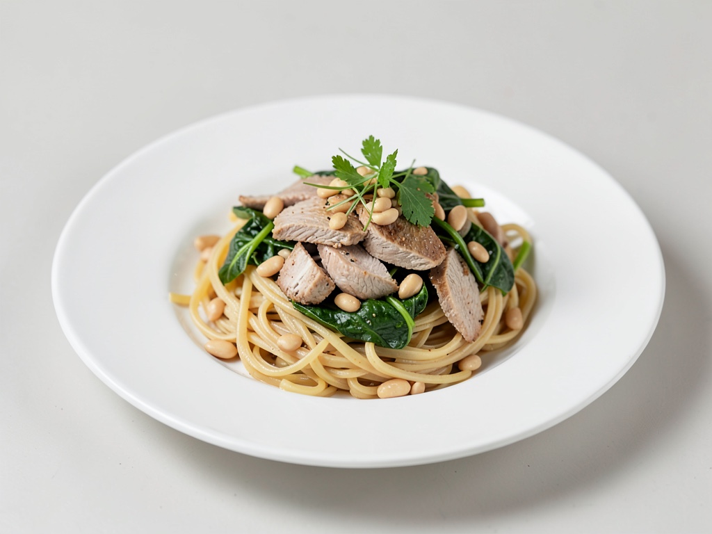 Gebratene Nudeln mit Pute, Spinat und Erdnüssen