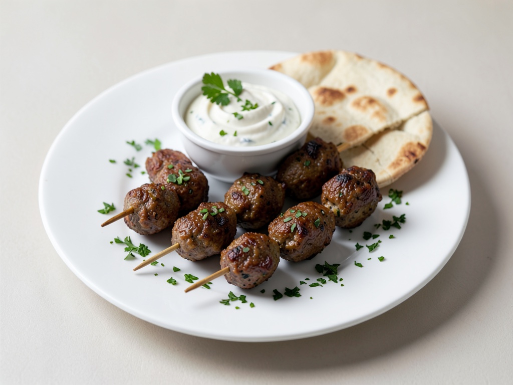 Polpette di tacchino allo spiedino con yogurt e dip e pane pita